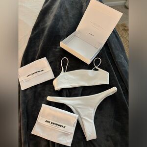 Ark Swimwear set, White Square Crop bikini top and White Hybrid bikini bottoms